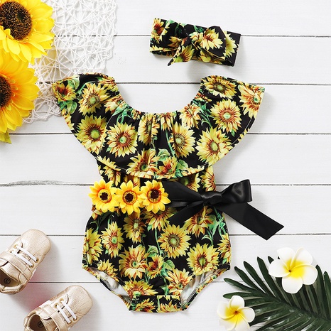 wholesale children's sun flower printed triangle one-piece romper Nihaojewelry NHLF392251's discount tags