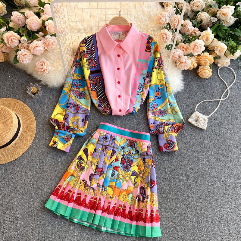 wholesale ethnic style printed highwaist pleated skirt shirt suit nihaojewelry