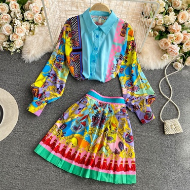 ethnic style printed high-waist pleated skirt shirt suit—2