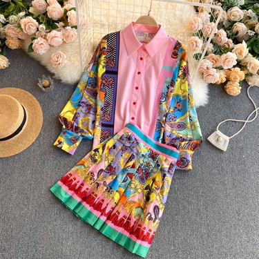 ethnic style printed high-waist pleated skirt shirt suit—3