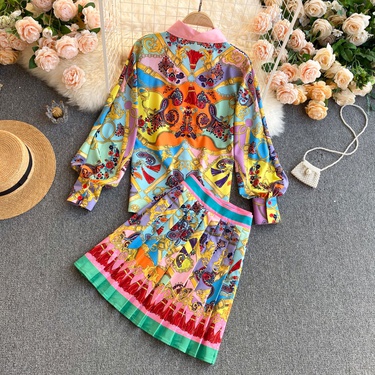 ethnic style printed high-waist pleated skirt shirt suit—4