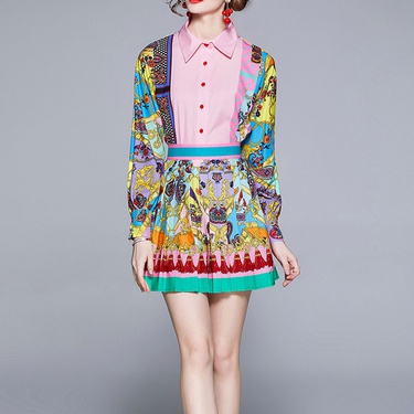 ethnic style printed high-waist pleated skirt shirt suit—6