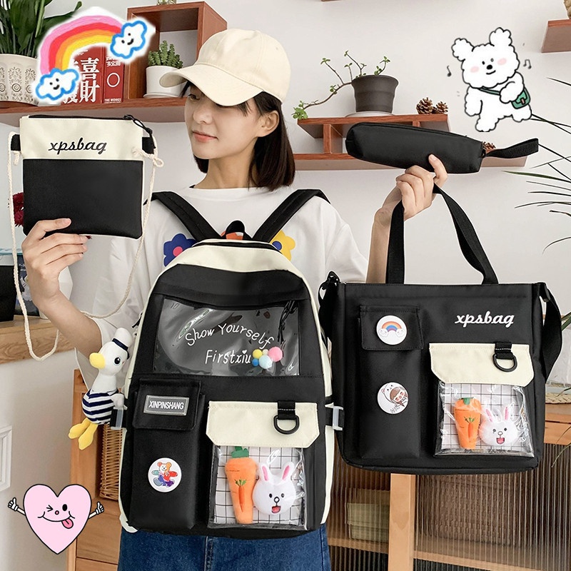 FourPiece Primary School Student Schoolbag New Ins Style Korean College Junior and Middle School Students Large Capacity Canvas Backpack
