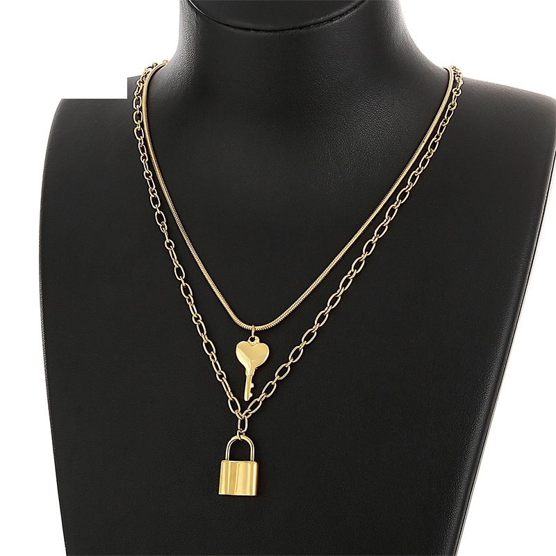 Gold Plated Key Lock Heart Three Layered Necklace - Jewenoir