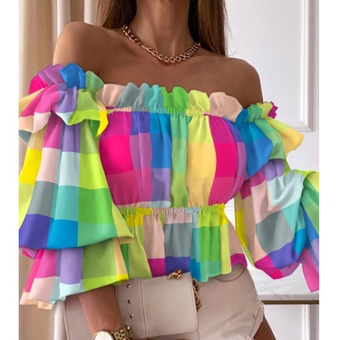sexy off-shoulder rainbow color long-sleeved shirt—9