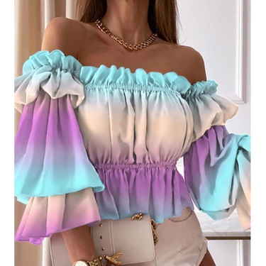 sexy off-shoulder rainbow color long-sleeved shirt—8