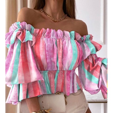 sexy off-shoulder rainbow color long-sleeved shirt—5