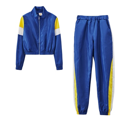 casual hit color stitching plaid top pants sports suit—15