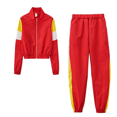 casual hit color stitching plaid top pants sports suit—16
