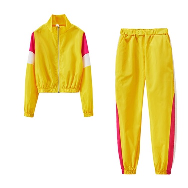 casual hit color stitching plaid top pants sports suit—17