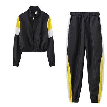 casual hit color stitching plaid top pants sports suit—18