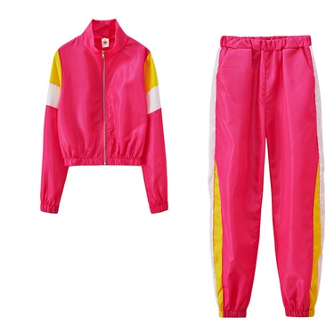 casual hit color stitching plaid top pants sports suit—19