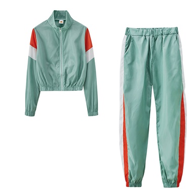 casual hit color stitching plaid top pants sports suit—21