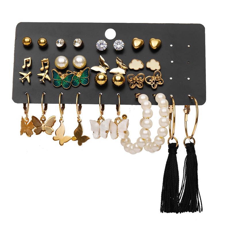 nihaojewelry vintage inlaid pearl golden butterfly airplane tassel earrings 17piece set wholesale jewelry