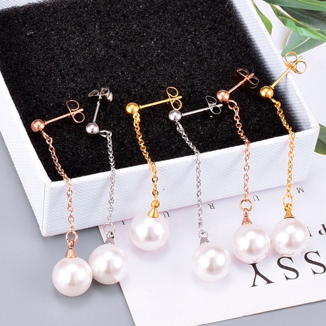 nihaojewelry fashion round bead pearl long tassel titanium steel earrings wholesale jewelry's discount tags