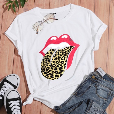 leopard print lip print short-sleeved T-shirt—1
