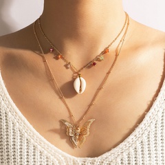 Großhandel Ethnische Schmetterlings-Muschel-Anhänger-Farbe-Perle-Doppelschicht-Halskette Nihaojewelry