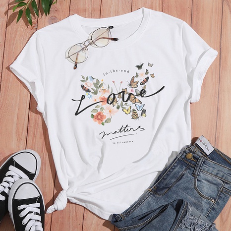 wholesale simple letter love flowers butterfly print short-sleeved T-shirt nihaojewelry's discount tags