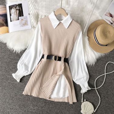 solid color knitted long sleeve shirt skirt two-piece suit—1