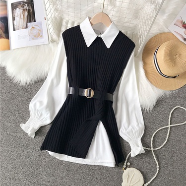 solid color knitted long sleeve shirt skirt two-piece suit—2