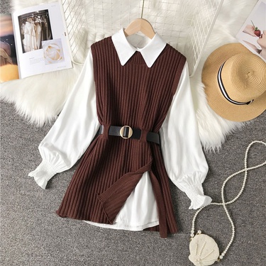 solid color knitted long sleeve shirt skirt two-piece suit—3