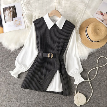 solid color knitted long sleeve shirt skirt two-piece suit—4