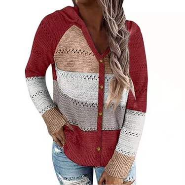 V-neck hit color stitching plaid hooded single-breasted cardigan sweater—2