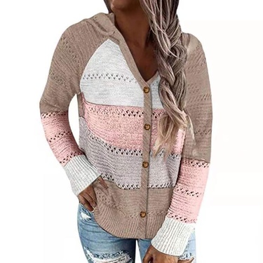 V-neck hit color stitching plaid hooded single-breasted cardigan sweater—3