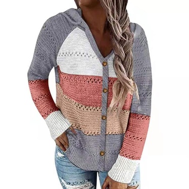 V-neck hit color stitching plaid hooded single-breasted cardigan sweater—4