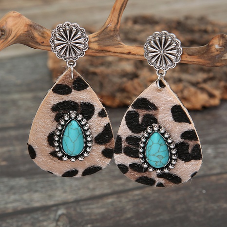 wholesale retro drop-shaped turquoise leopard print leather earrings Nihaojewelry's discount tags