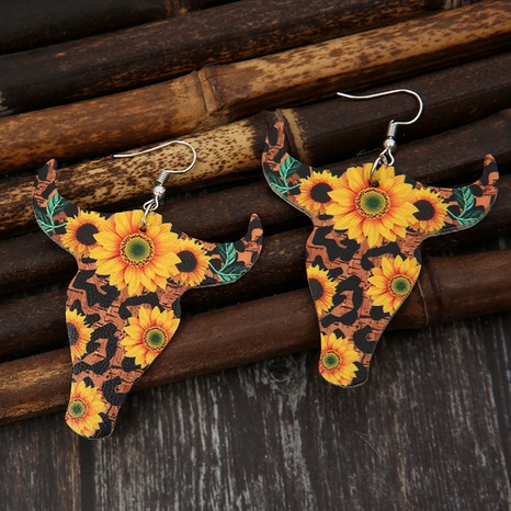 wholesale retro bull head sunflower leather earrings Nihaojewelry's discount tags