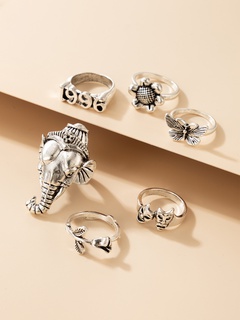 Hip-hop face elephant butterfly number ring six-piece set wholesale Nihaojewelry