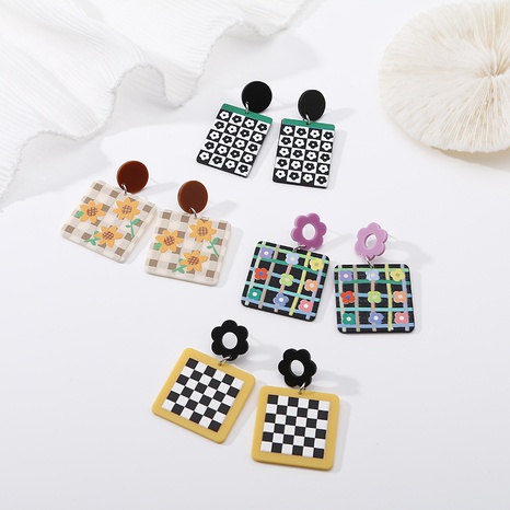 retro black and white plaid square colored flowers earrings wholesale Nihaojewelry's discount tags