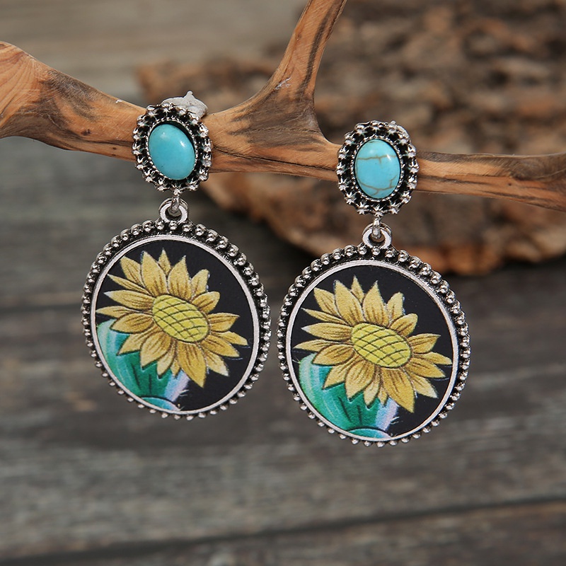 CrossBorder European and American Independent Station Retro Sunflower Turquoise Leather Earrings Foreign Trade Cactus Sunflower Metal Earrings
