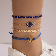 AliExpress Cross-Border Anklet Blue Braided Rope Cactus Fish Marine Elements Beach Style Four-Piece Anklet