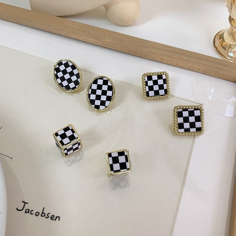 fashion geometric black white lattice checkerboard square round earrings wholesale nihaojewelry's discount tags