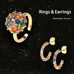 C-shaped rainbow color series zircon copper earrings ring set wholesale Nihaojewelry