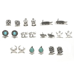 ethnic owl leaf moon crown turquoise 10 pairs earrings set wholesale Nihaojewelry
