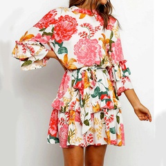 wholesale color flower printed round neck mid-sleeve stitching ruffled dress nihaojewelry