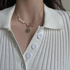 wholesale jewelry retro portrait pendant asymmetric OT buckle pearl necklace nihaojewelry