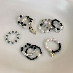 wholesale jewelry geometric black cystal pearl beaded smiley face pendant ring nihaojewelry