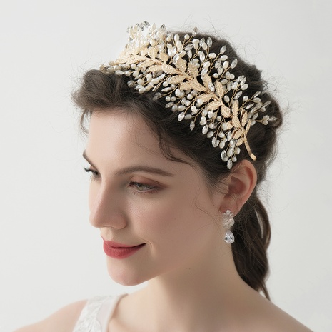 retro crown wide brim pearl leaf bridal headband wholesale Nihaojewelry's discount tags