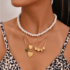 wholesale jewelry letter heart portrait pendant pearl chain multi-layer necklace nihaojewelry