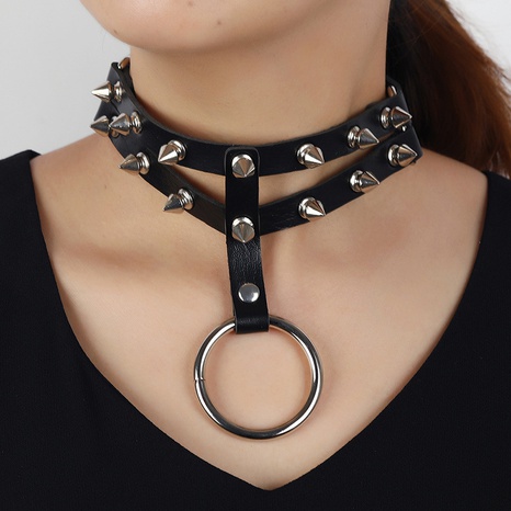 punk spiked PU leather double-layer necklace wholesale Nihaojewelry's discount tags