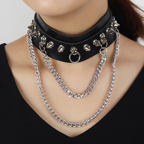 punk spiked rivet pu leather tassel double chain necklace wholesale Nihaojewelry's discount tags