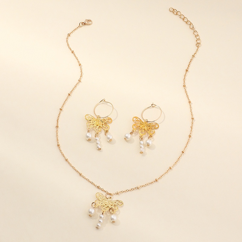 Goldene SchmetterlingsPerlenAnhngerOhrringe HalskettenSet Grohandel Nihaojewelry