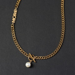 Xl067 OT hebilla letras más Cadena de perlas artificiales collar de cadena de clavícula de titanio acero chapado en oro Color de retención