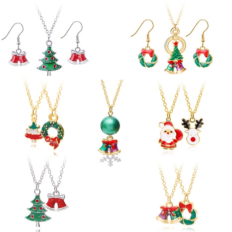 European and American New Ladies Christmas Drip Series Bell Snowman Wreath Santa Claus Necklace and Earrings Suite's discount tags