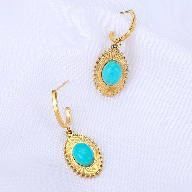 wholesale fashion oval sunflower stainless steel inlaid turquoise earrings Nihaojewelry