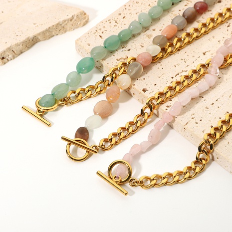 wholesale bijoux chaîne d'épissage perlée en pierre naturelle rose collier en acier inoxydable nihaojewelry's discount tags